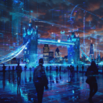 A blue holographic interface over London featuring London bridge, with people walking in the foreground