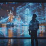 Mid 20's male stands on the right of frame looking up at an AR holographic blue overlay at an exhibition featuring London bridge.
