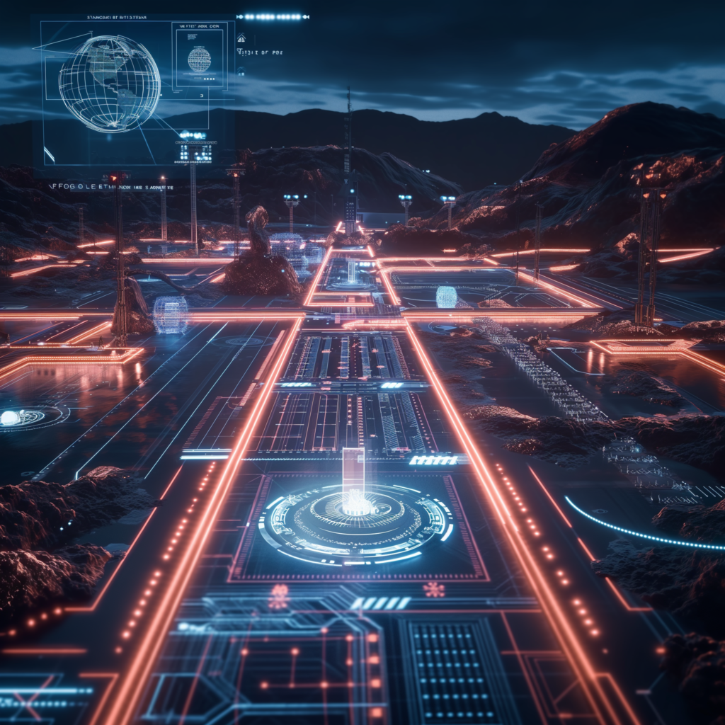 A virtual space port runway with a holographic overlay in gold and blue, with the mountains in the background